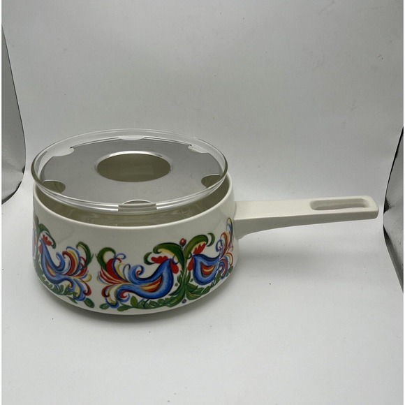 Vtg Villeroy & Boch Rooster Design Fondue Pot With Glass Insert & Lid Porcelain - Picture 2 of 16